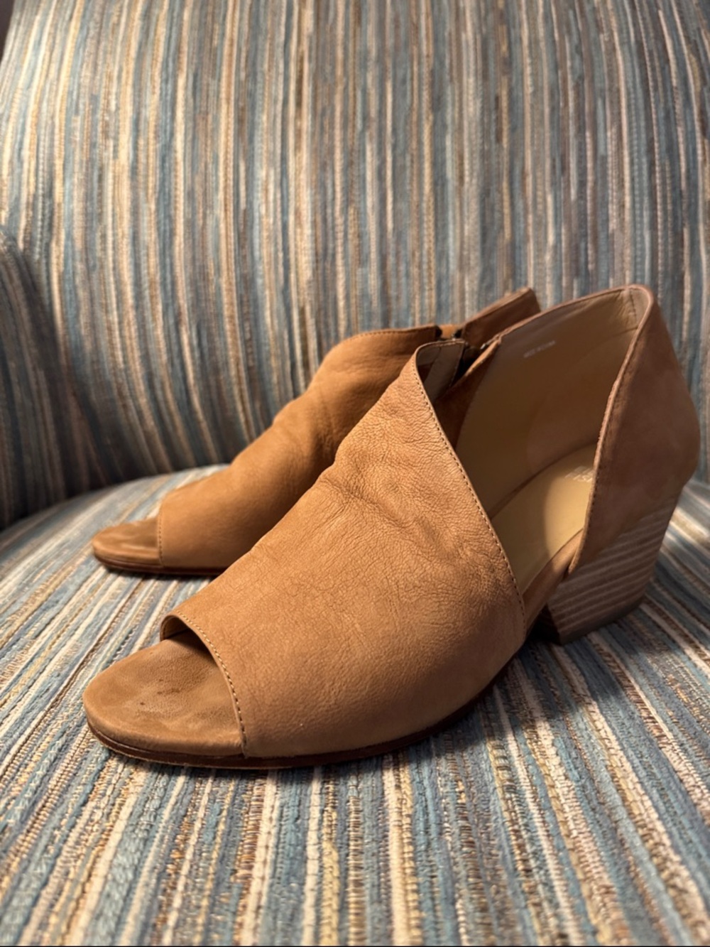 Eileen Fisher Caramel Suede Open-Toe Block Heel Booties